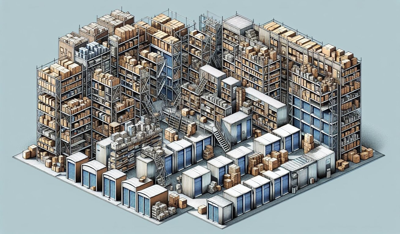 Isometric illustration of a densely packed warehouse with multiple levels of shelving filled with boxes, crates, and goods. Staircases and walkways crisscross between shelves for access.