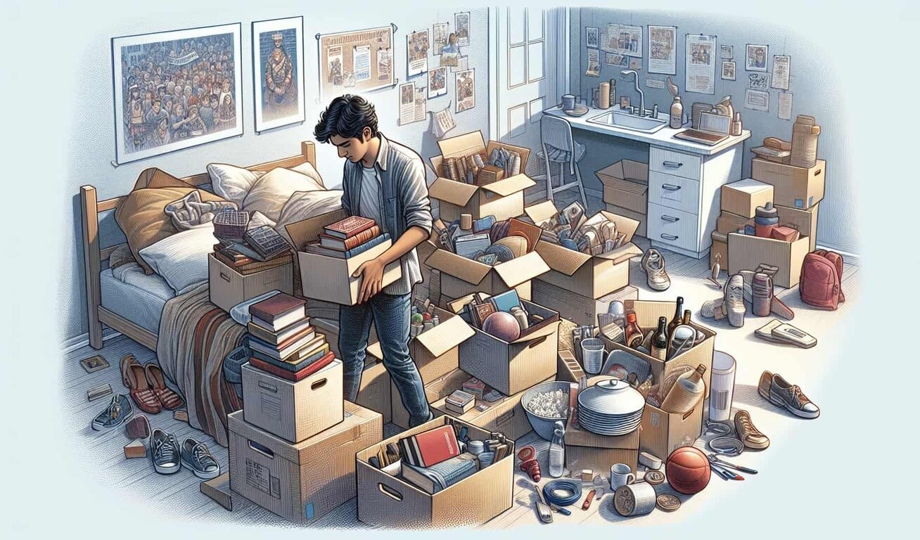 A student in a cluttered room filled with boxes, books, and various belongings, highlighting the need for external storage solutions.