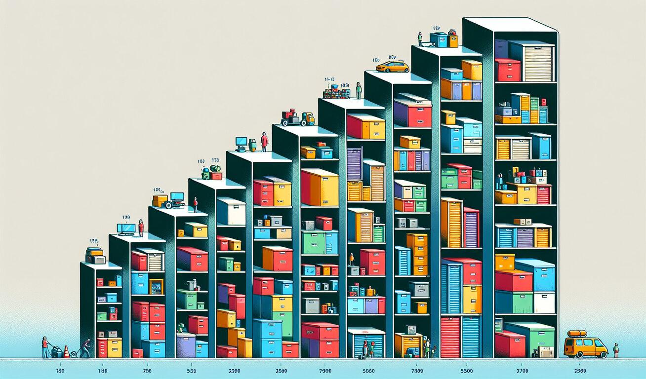 A colorful illustration of various storage units stacked in a stair-like formation, each filled with different items such as boxes, furniture, and office equipment. Small figures are scattered around, engaging in various activities related to storage.