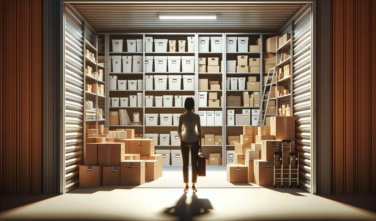 A person standing in a large storage unit filled with shelves of boxes and various items, illuminated by overhead lighting.