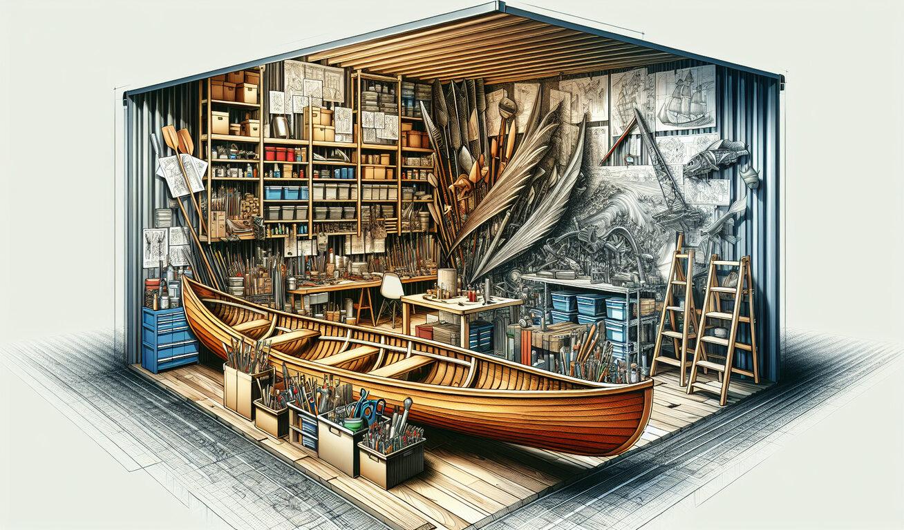 A storage unit converted into a boat-building workshop, with a wooden boat in progress, surrounded by shelves of tools, materials, and detailed sketches on the walls.