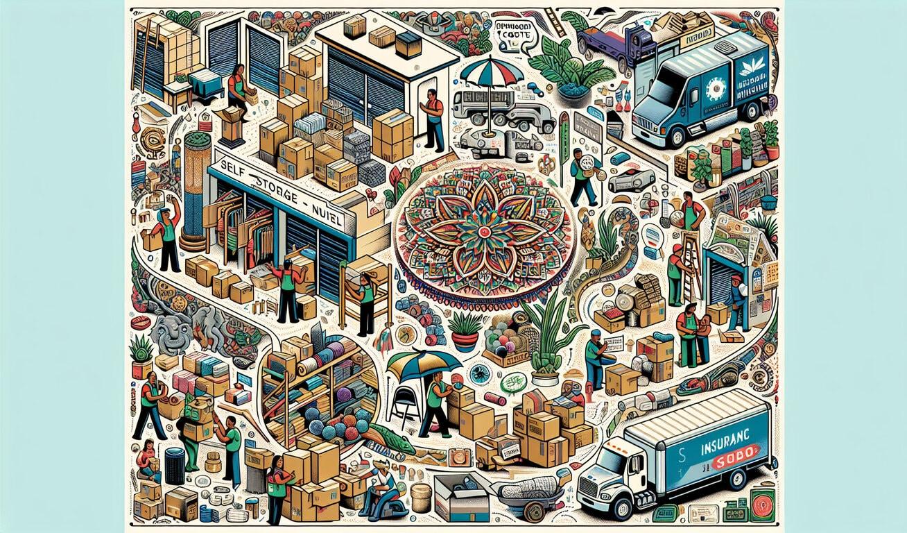 A detailed, busy illustration of a storage facility with numerous people moving boxes, organizing items, and using storage units. The scene is lively with various elements such as trucks, plants, and decorative patterns.