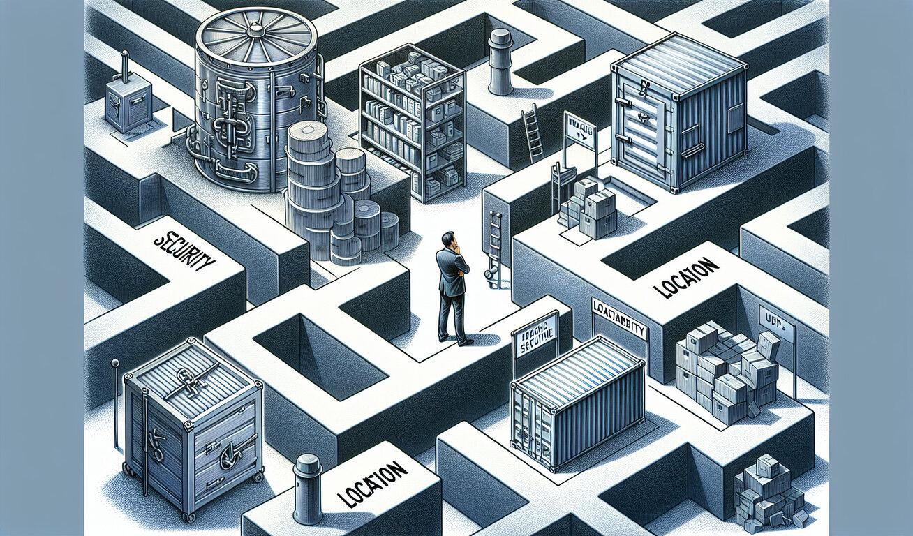 A maze-like structure with different storage containers and security elements. A man stands in the center, looking around at the labeled sections such as location, security, and loadability.