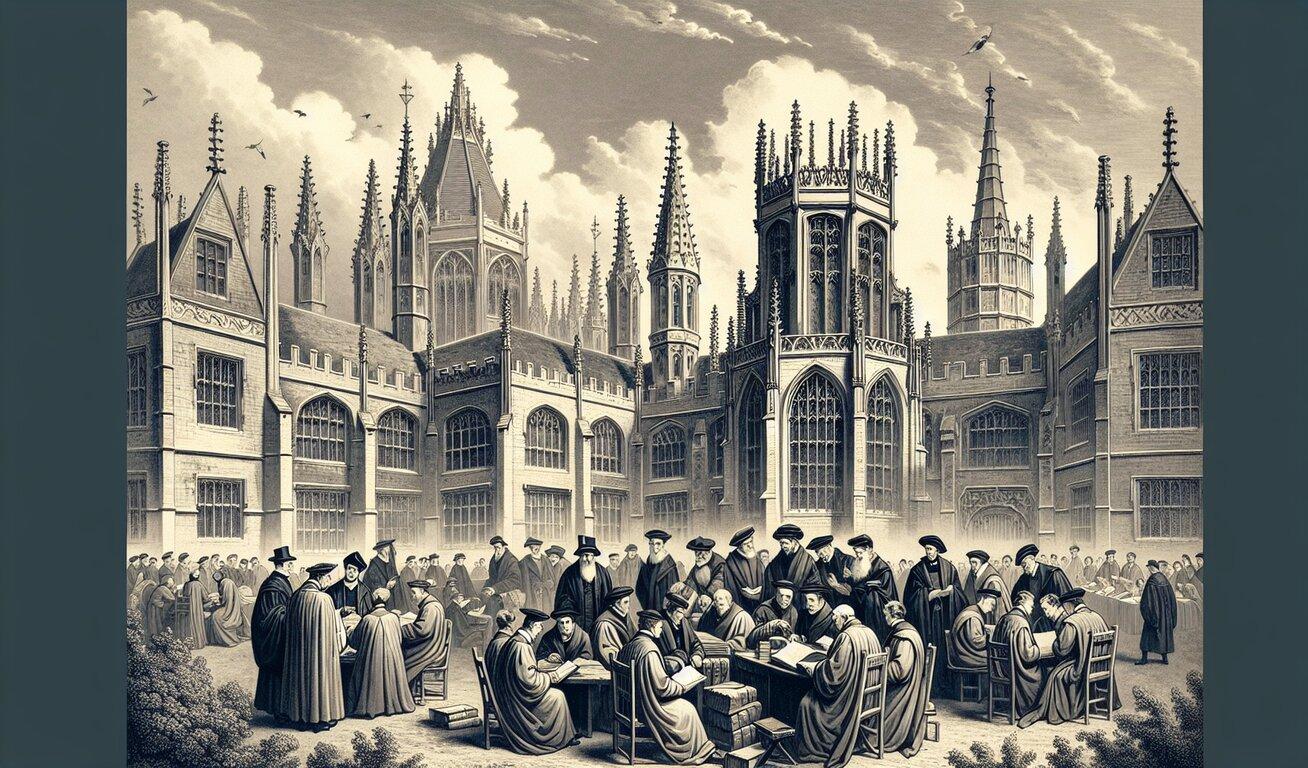 Medieval scholars studying and conversing in the courtyard of a large, Gothic-style university building with tall spires and detailed architecture.