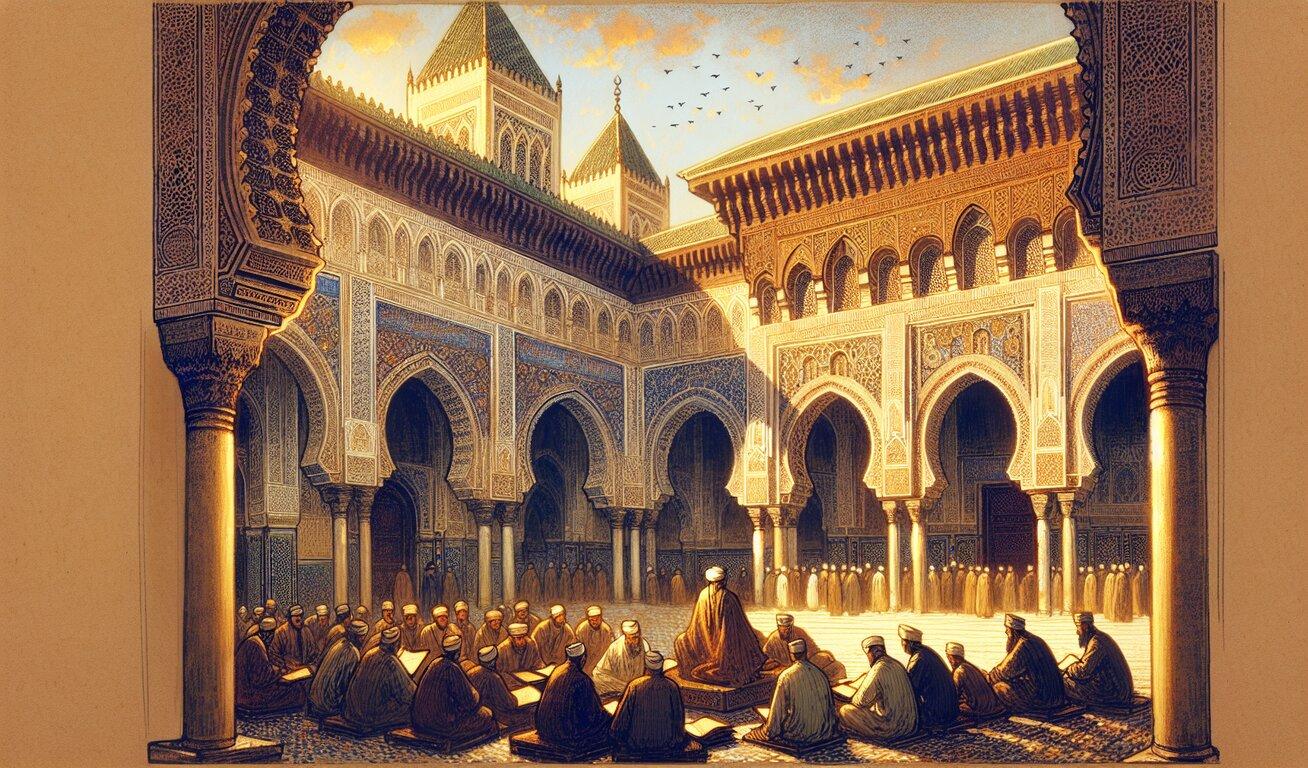 A group of scholars sitting in a circle under the arches of a beautifully decorated courtyard, with intricate designs and a large mosque in the background.