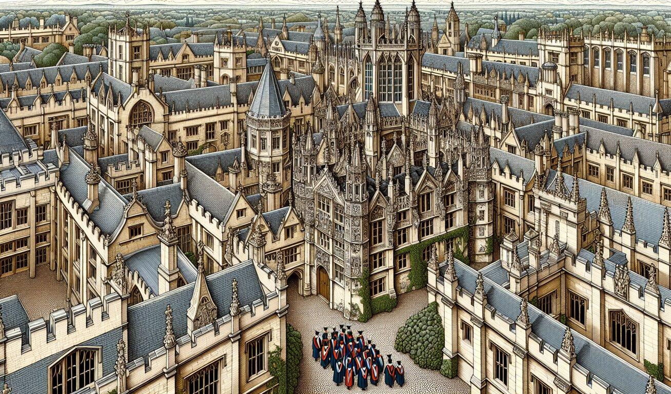 Illustration of a grand university courtyard filled with graduates in academic robes, surrounded by detailed Gothic architecture.