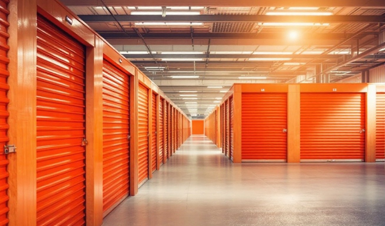 A spacious and well-lit self-storage facility with rows of orange roll-up doors, reflecting an organized and secure storage environment.