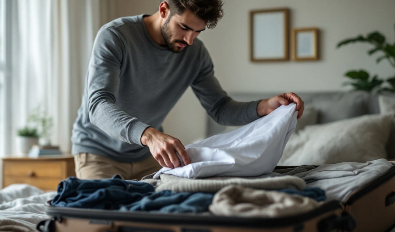 A man folding clothes neatly into a suitcase, preparing for an organized move.