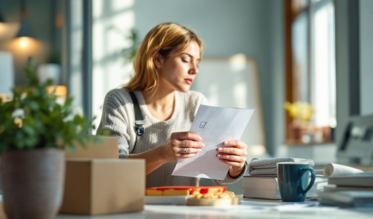 A young woman in a light sweater reviews a document at a home office desk with boxes, books, and a coffee mug. Sunlight streams through large windows.