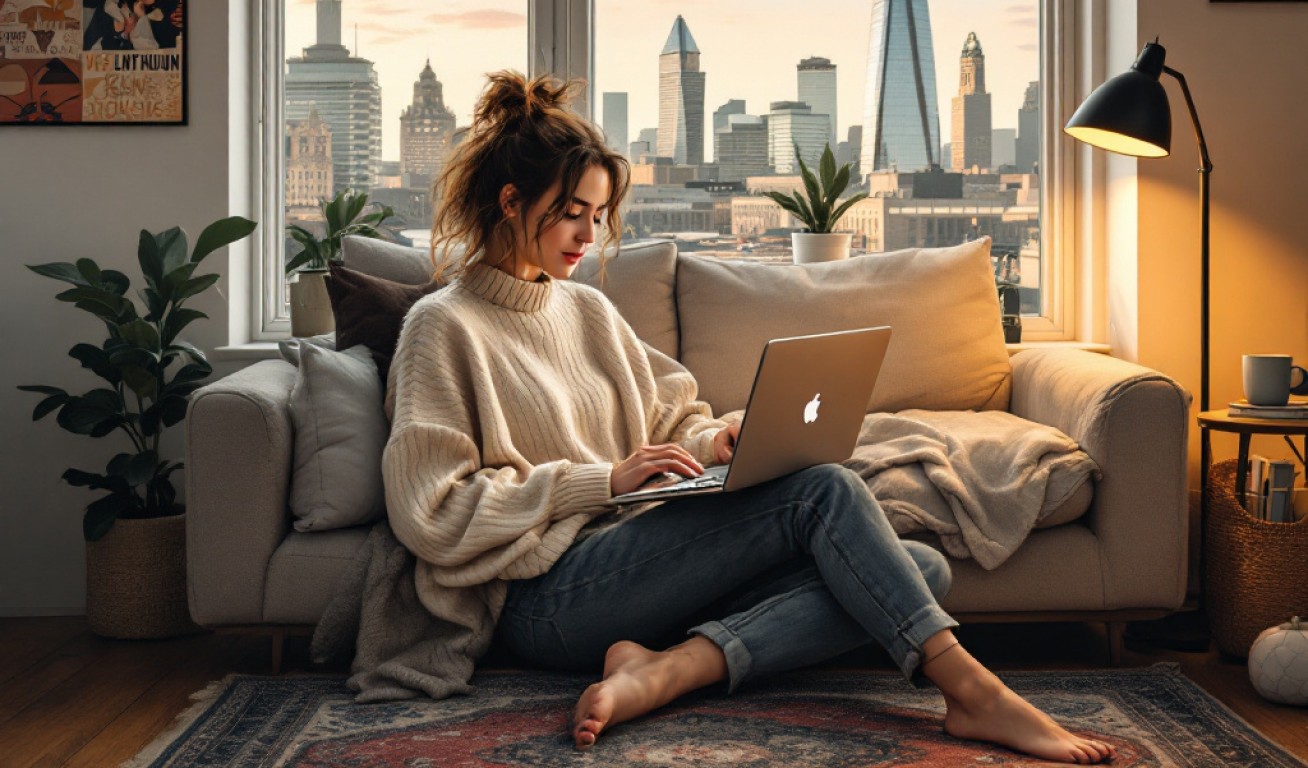 A woman sitting on a comfortable couch in a cozy living room, using a laptop, with large windows showcasing a city skyline in the background.