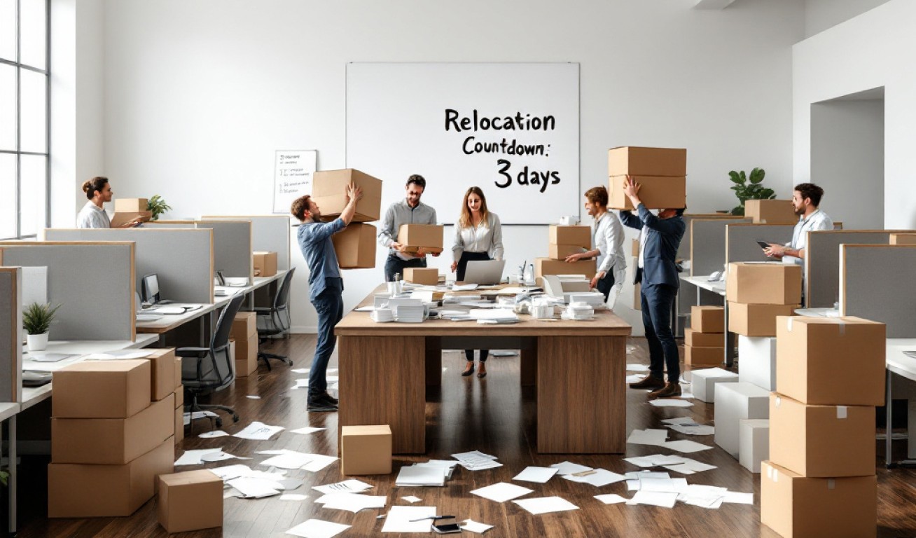 Office employees packing boxes in a modern workspace with a whiteboard showing "Relocation Countdown: 3 days", preparing for an office move.