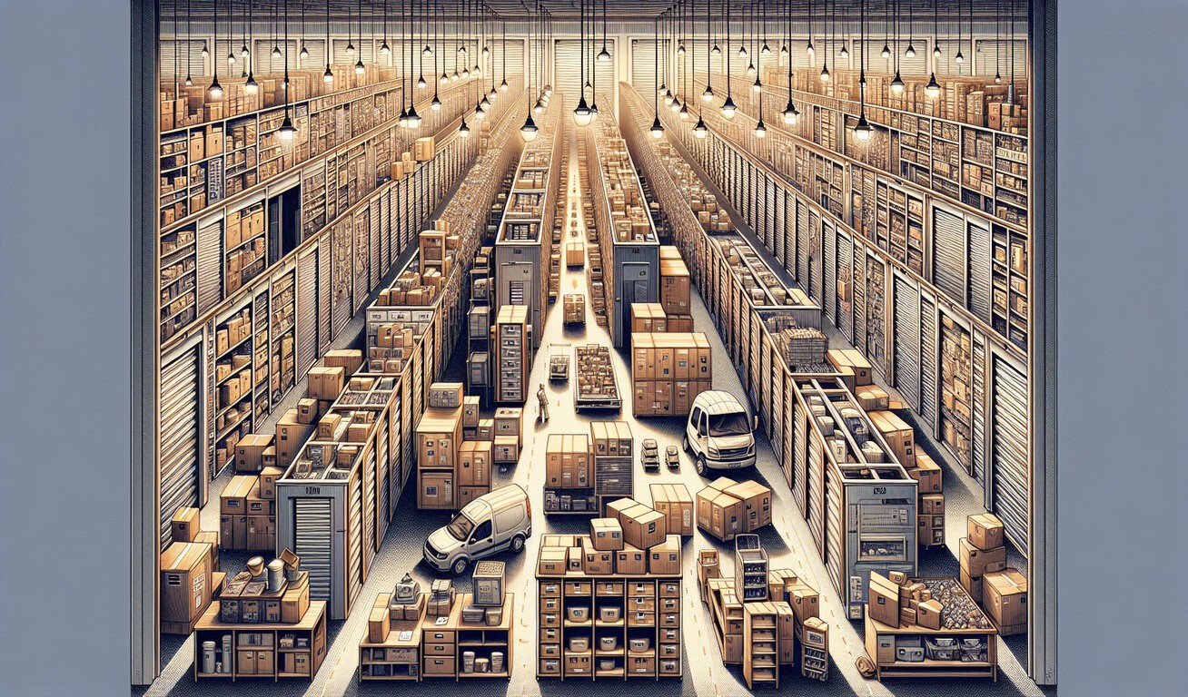 A large warehouse interior with tall shelves filled with boxes and packages. Several vehicles are parked inside, and there are pathways for transportation. The warehouse is well-lit with hanging lights.