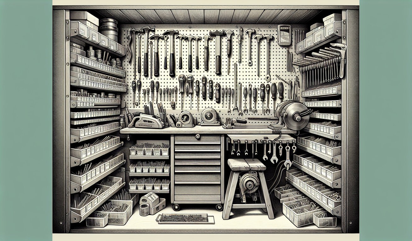 A highly organized workshop with a pegboard wall filled with various tools, shelves stocked with labeled bins, and a workbench with additional storage.