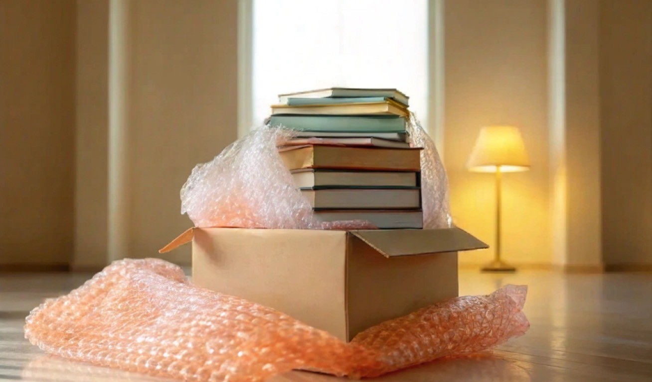 A stack of books wrapped in bubble wrap, placed inside an open cardboard box on the floor, with soft natural lighting and a lamp in the background.