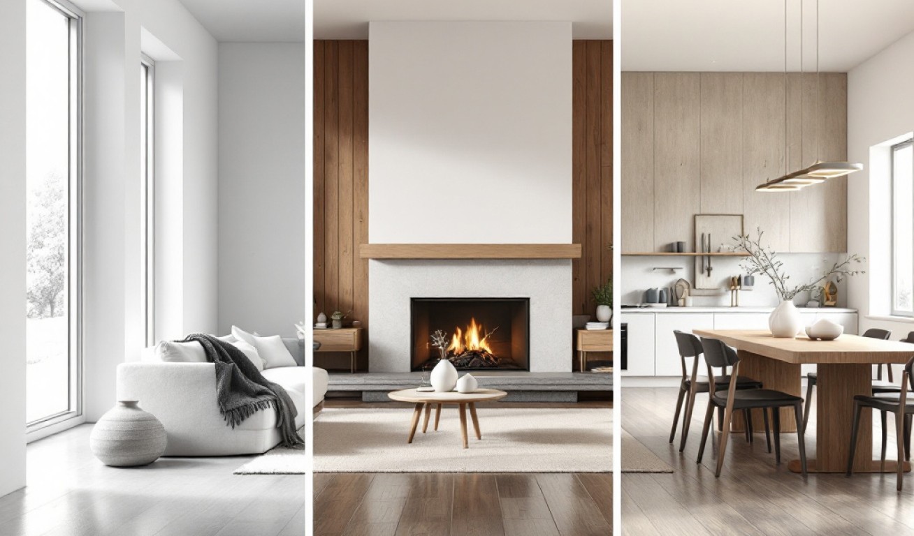 Modern minimalist interior with large windows, a cozy living room with a fireplace, and a stylish kitchen.