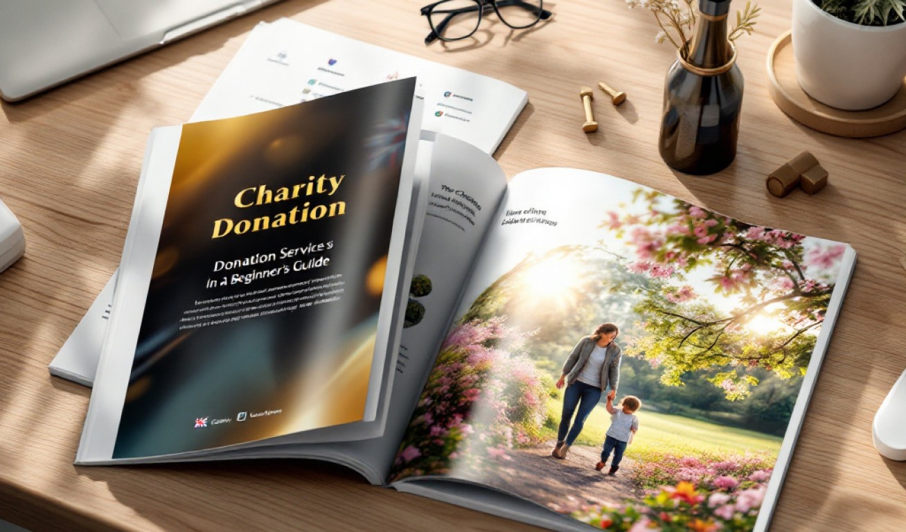 Open charity guidebook on a wooden desk showing 'Charity Donation: Donation Services in a Beginner's Guide' and an image of a mother with her child walking in a sunlit park surrounded by flowers.