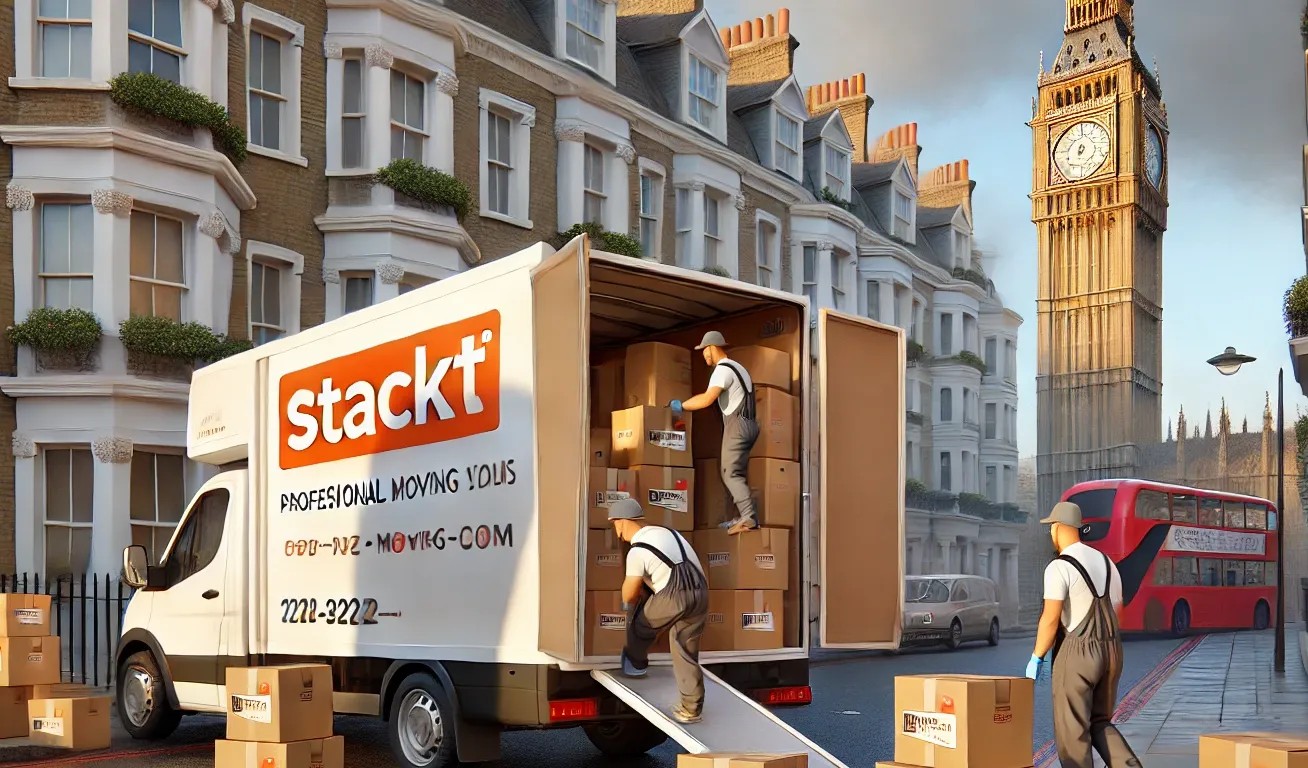 Professional movers loading a Stackt-branded van in London with Big Ben in the background