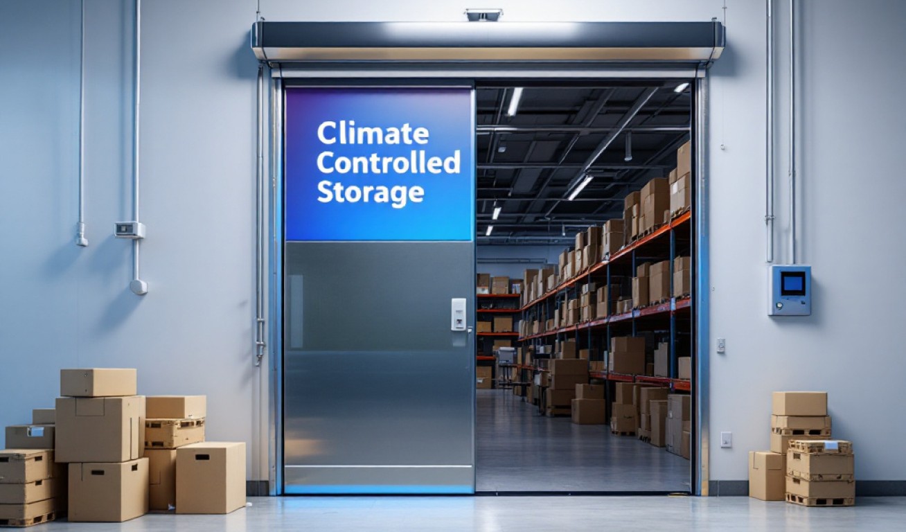 A climate-controlled storage unit with temperature and humidity sensors, ensuring optimal conditions for storing belongings.