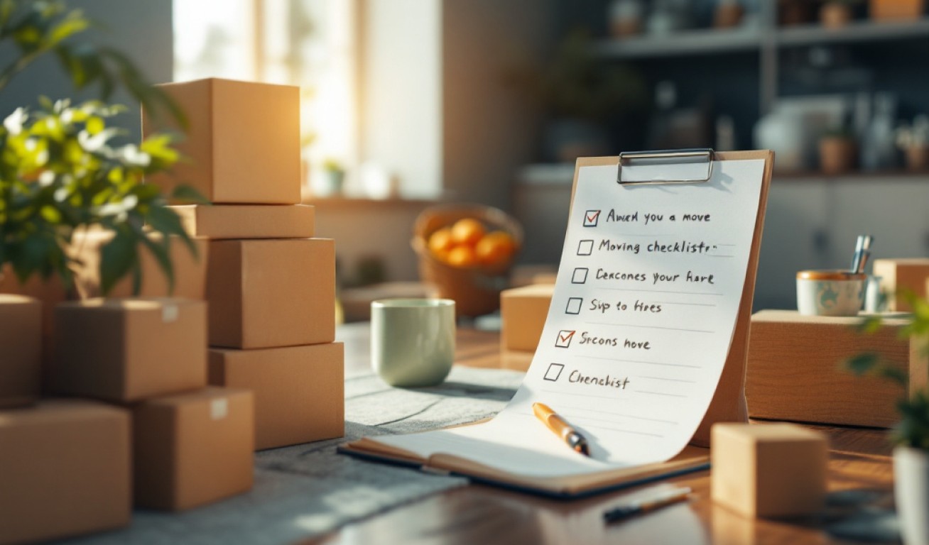 A moving checklist on a clipboard next to stacked cardboard boxes on a wooden table, with sunlight streaming through a window and a houseplant visible in the background