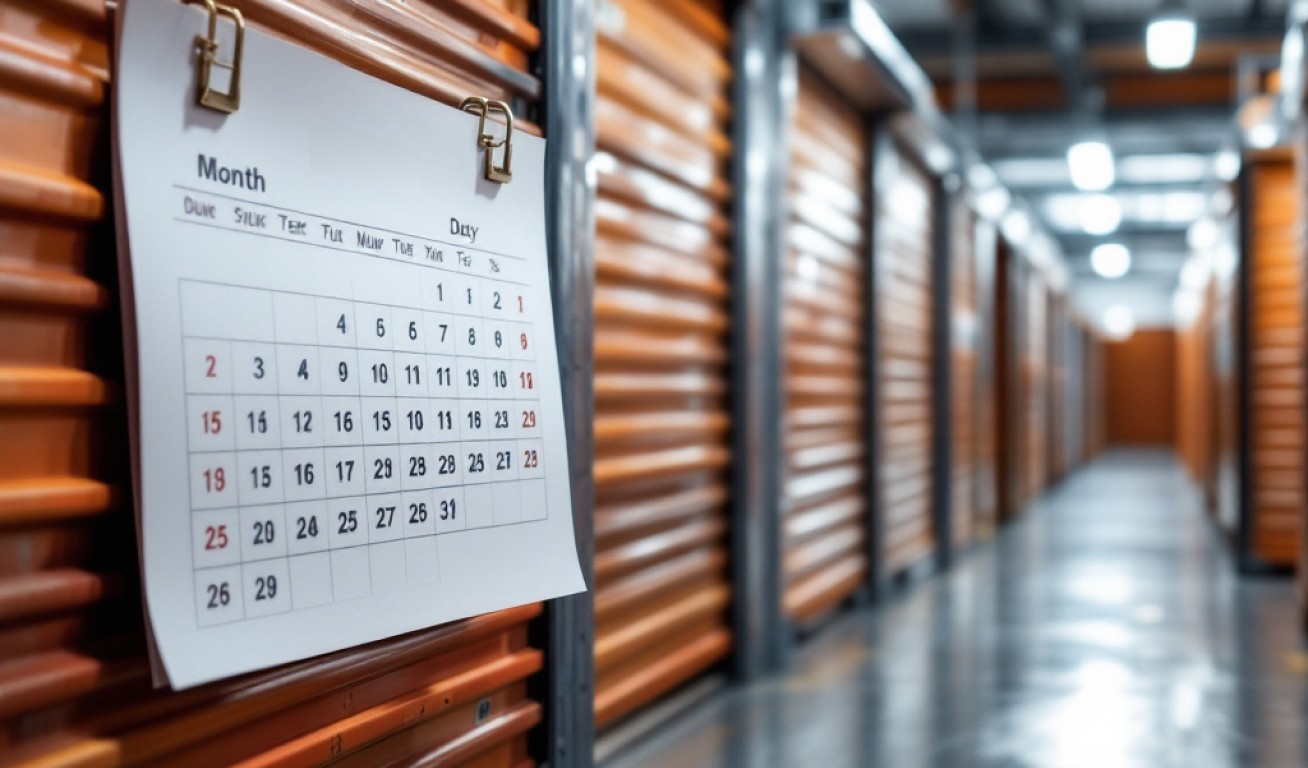 A calendar hangs on an orange storage unit door in a well-lit self-storage facility with multiple units in the background.