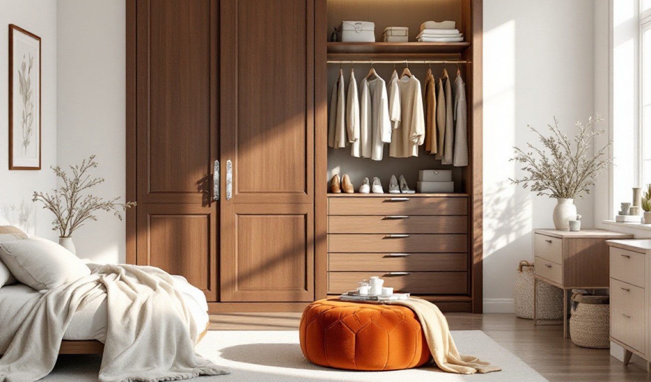 Cozy bedroom with a wooden wardrobe, orange ottoman, and elegant decor