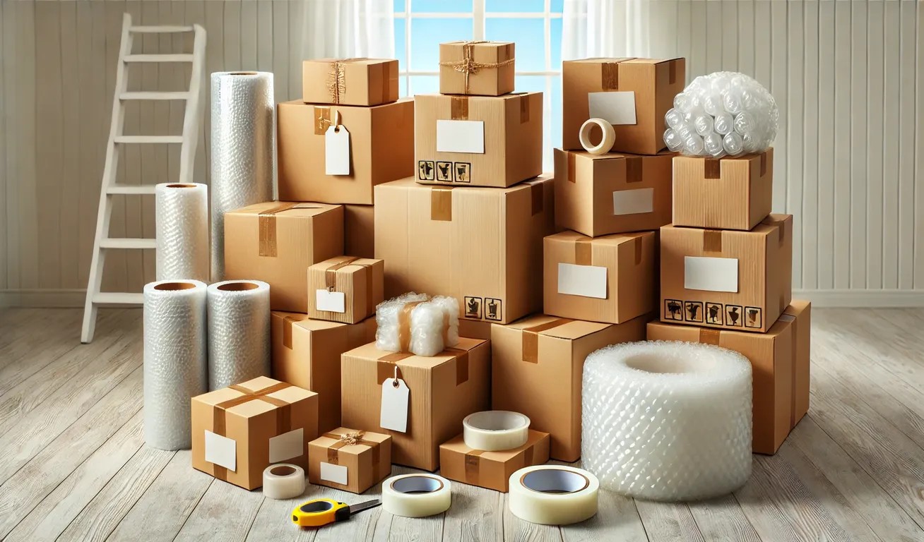 A stack of packing materials including boxes, bubble wrap, tape, and labels.