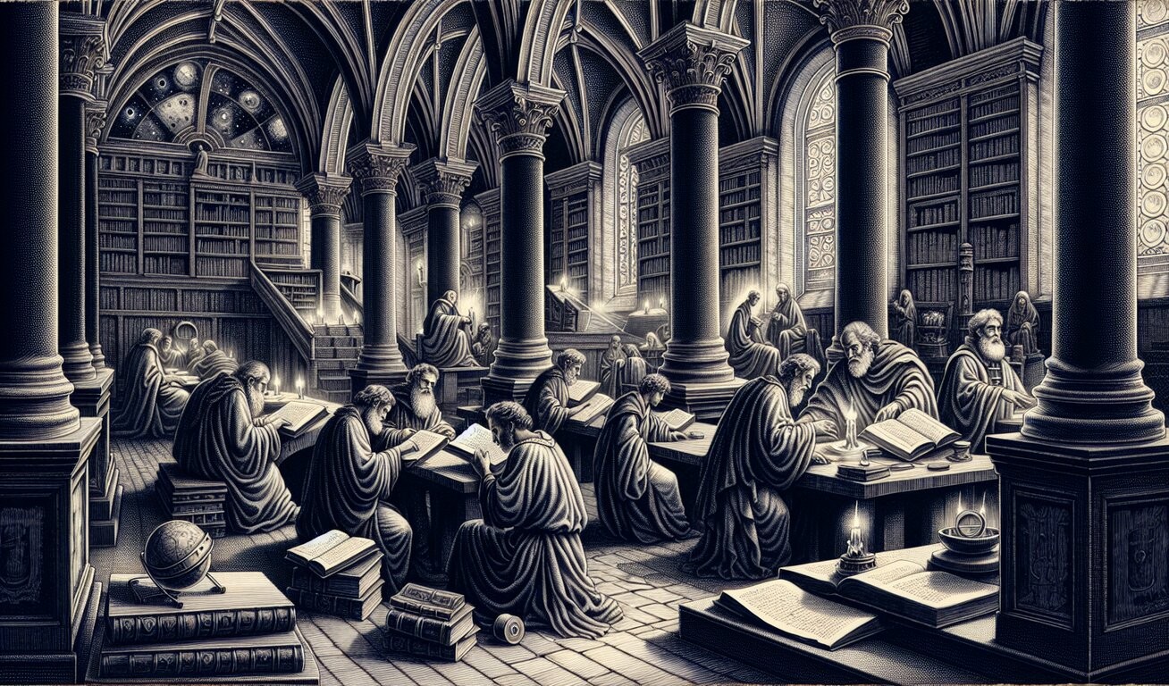 Medieval scholars reading and writing in a grand Gothic library with tall columns, arches, and shelves of books, illuminated by candlelight and stained glass windows.