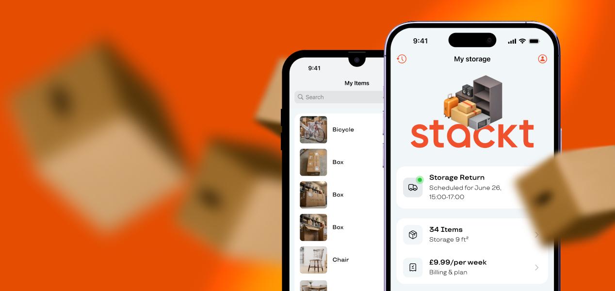 The Stackt app open on two smartphones showing stored items and a storage overview