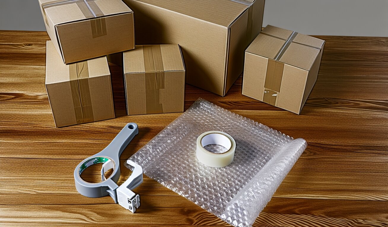 Packing materials for shipping – boxes, bubble wrap, and adhesive tape. Cardboard boxes of various sizes, bubble wrap, and packing tape with dispenser on a wooden table.