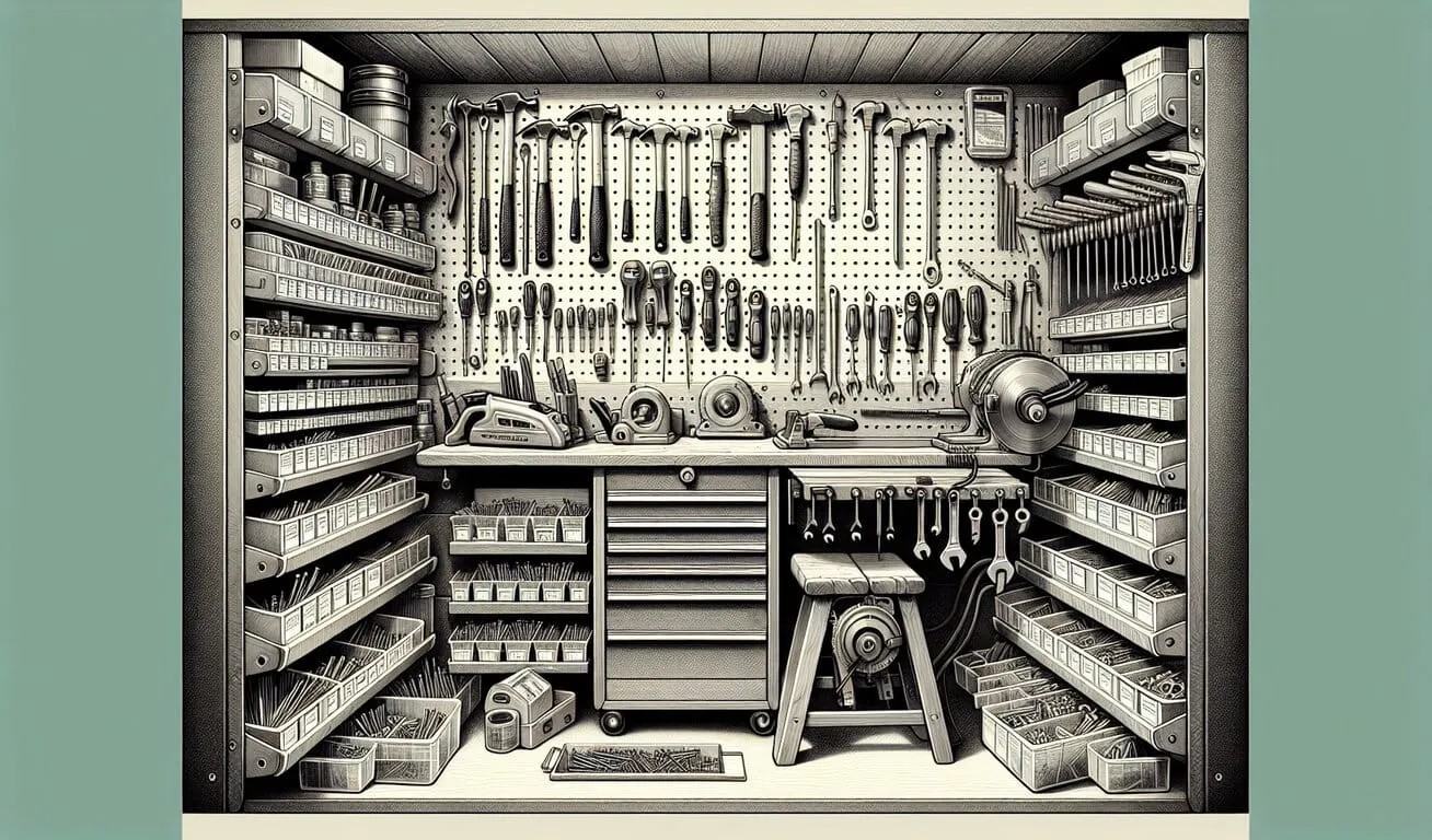 Well-Organized Tool Storage in a Workshop A highly organized workshop with a pegboard wall filled with various tools, shelves stocked with labeled bins, and a workbench with additional storage.