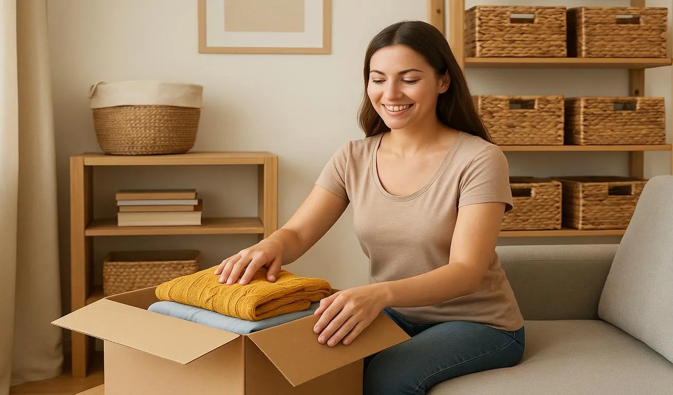 Decluttering Made Easy: Step-by-Step Guidance on What, When, and How Smiling woman organizing clothes into a cardboard box in a tidy, minimalist space with wooden shelving and storage baskets