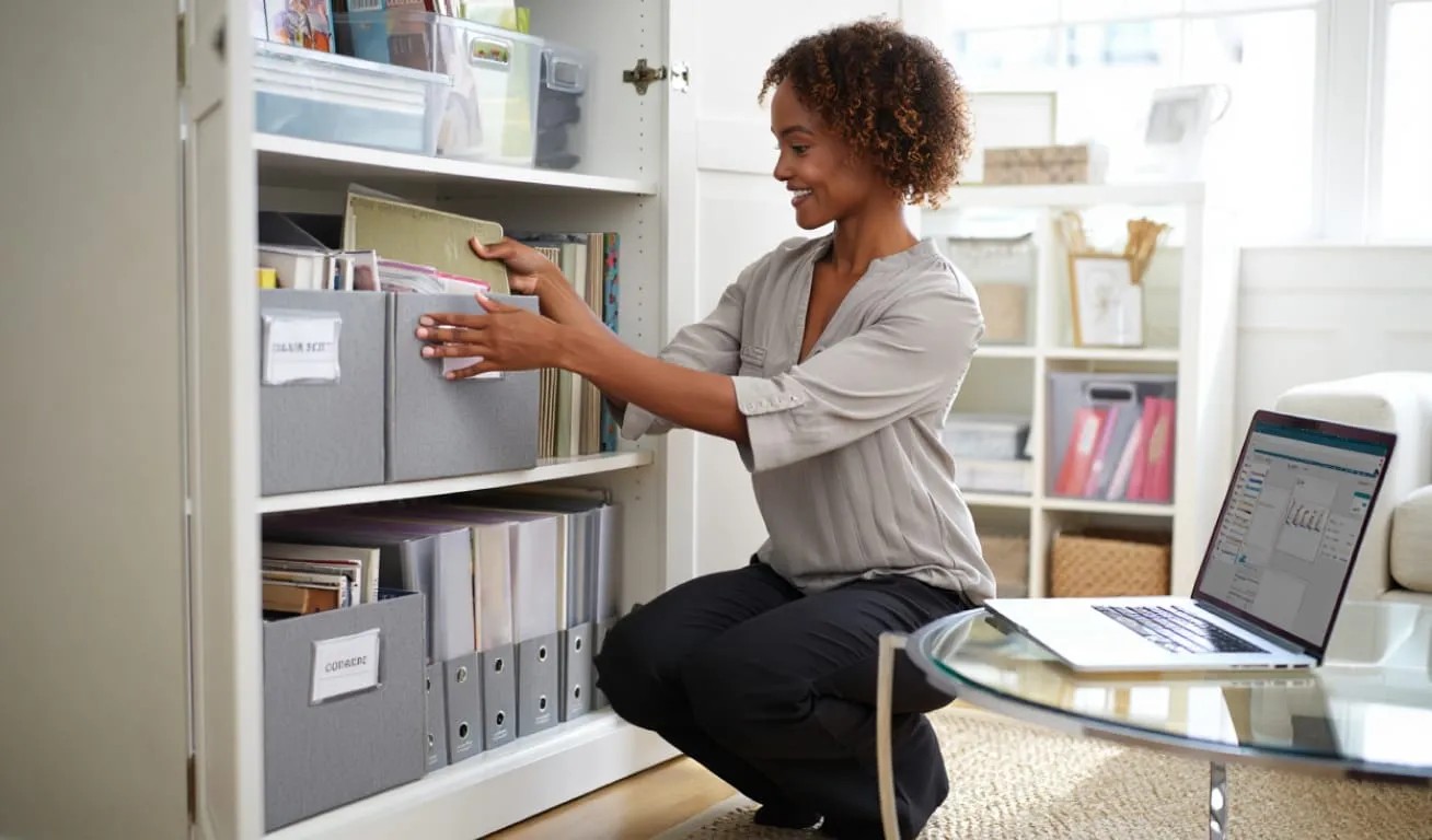 Professional Declutterer Sorting Through a Pile of Items A professional declutterer sorting through a pile of items in a room.