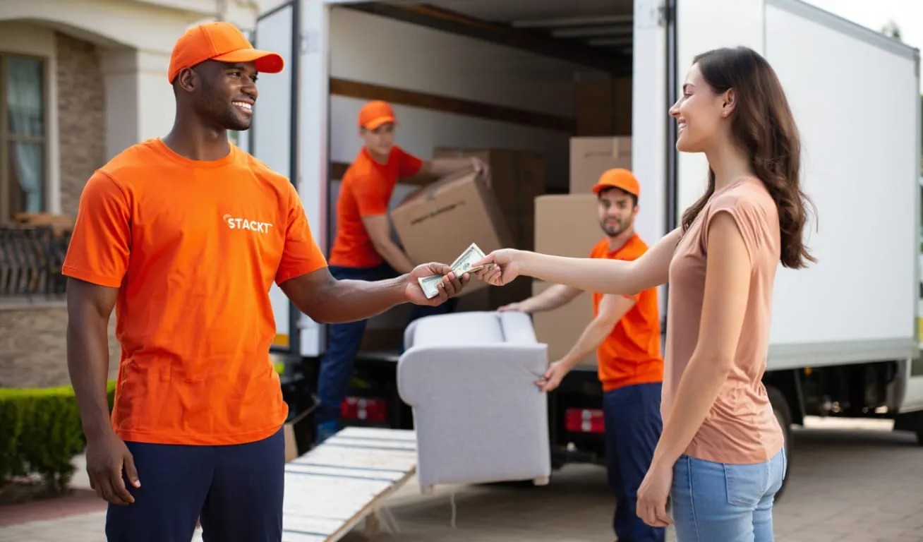 Professional movers from STACKT assisting with a home relocation A woman hands cash to a STACKT mover in front of a truck, while other team members load boxes and furniture during a home move