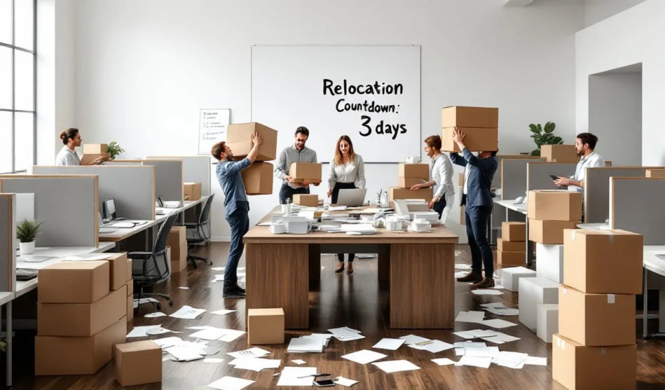 Office Relocation Countdown: Team Preparing for a Move Office employees packing boxes in a modern workspace with a whiteboard showing "Relocation Countdown: 3 days", preparing for an office move.