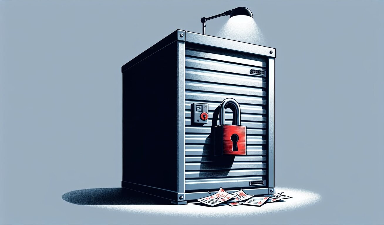 Sealed storage unit "A graphic image of a storage unit styled as a safe with a padlock and overdue bills scattered on the ground, all against a plain, shadowed background.
