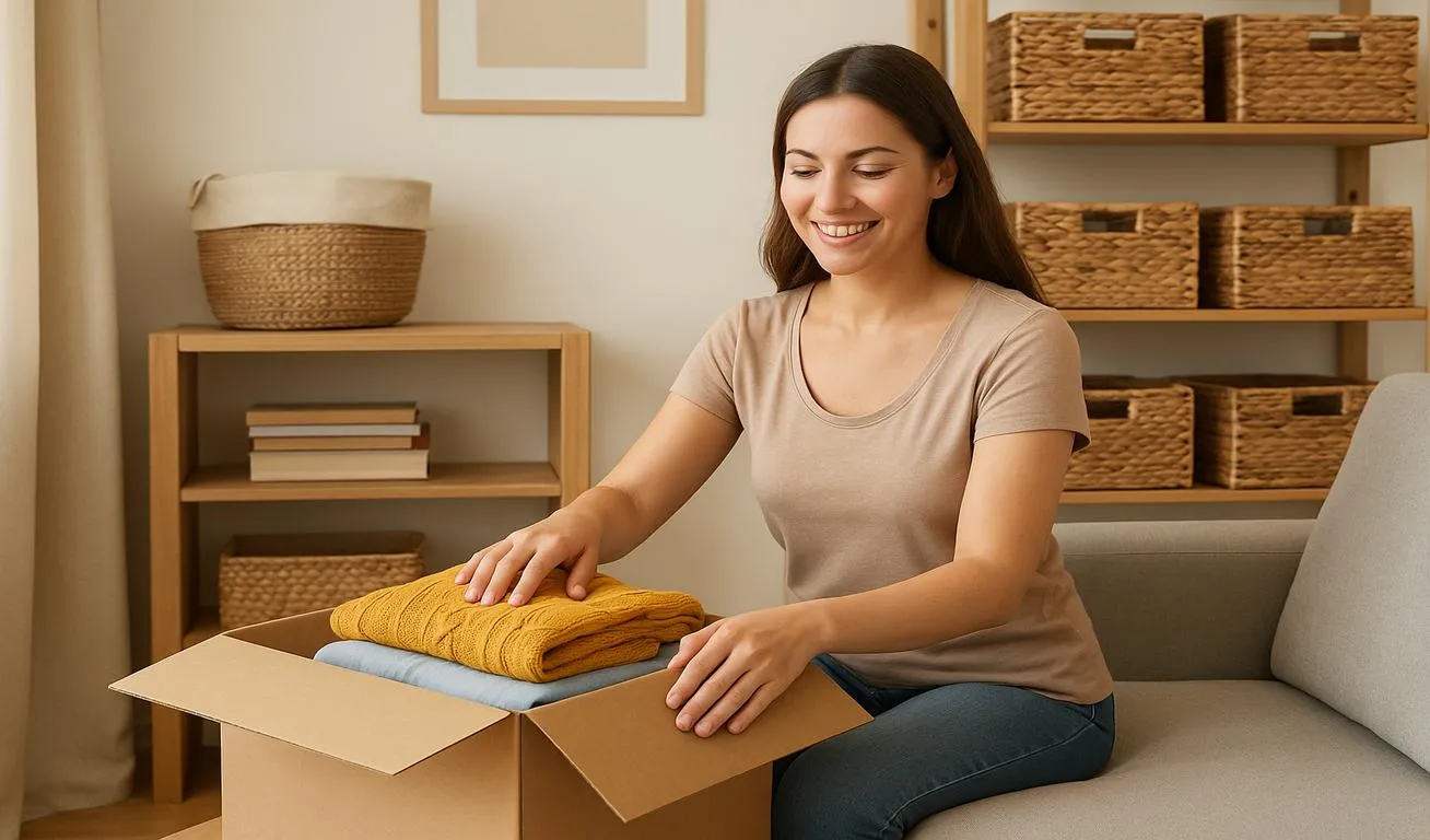 Smiling woman organizing clothes into a cardboard box in a tidy, minimalist space with wooden shelving and storage baskets.